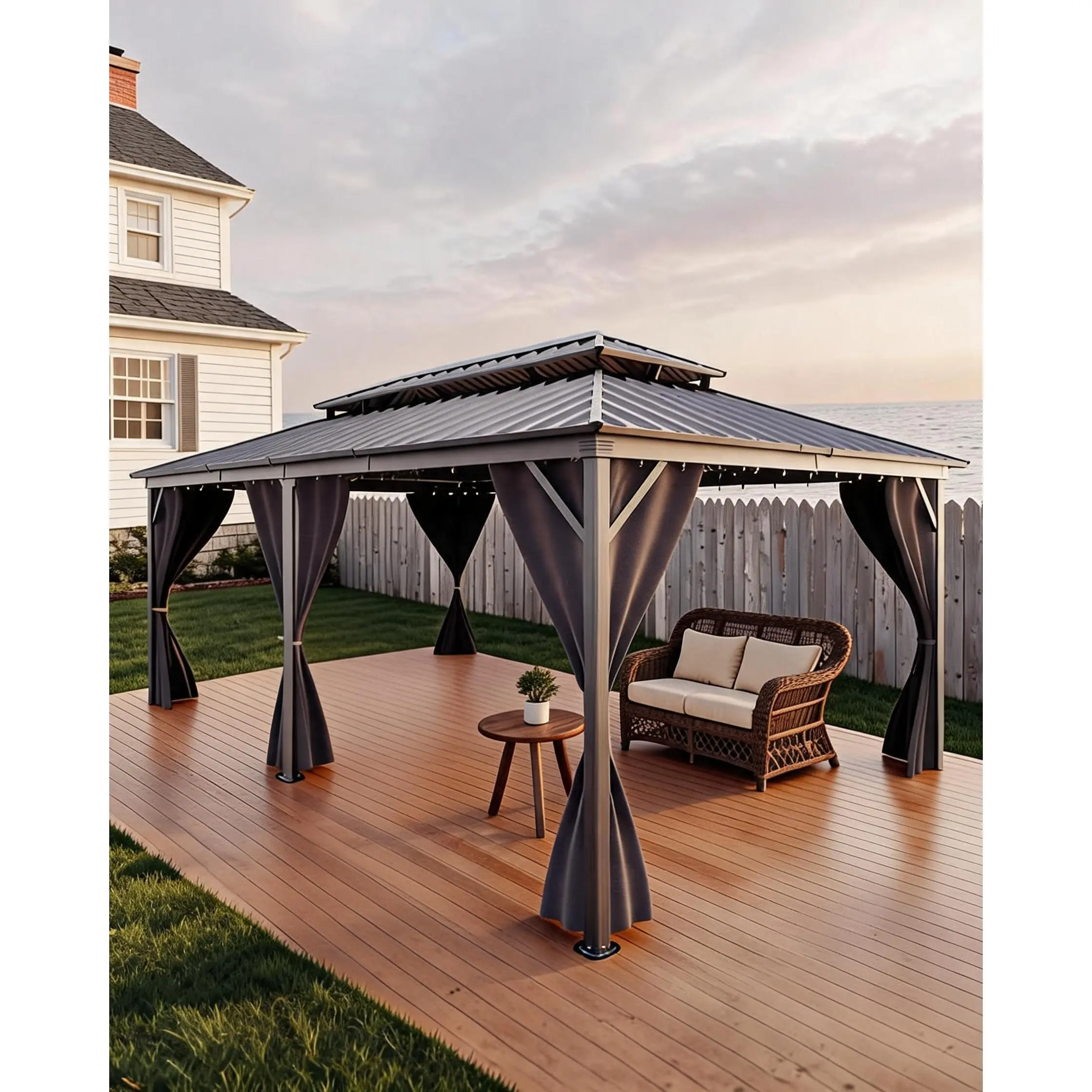GARVEE 12x18ft Hardtop Gazebo - All Weather Outdoor Shade Shelter, Double Metal Roof, Net & Curtain, Water Resistant Deck Canopy, Permanent Patio Building, Water Resistant Canopy