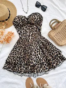 2026 New Leopard Print Halter Dress for Women, Waist Cinching Slimming Multi-Layer Ruffle Short Skirt, Vintage Hot Girl Party Mini Dress