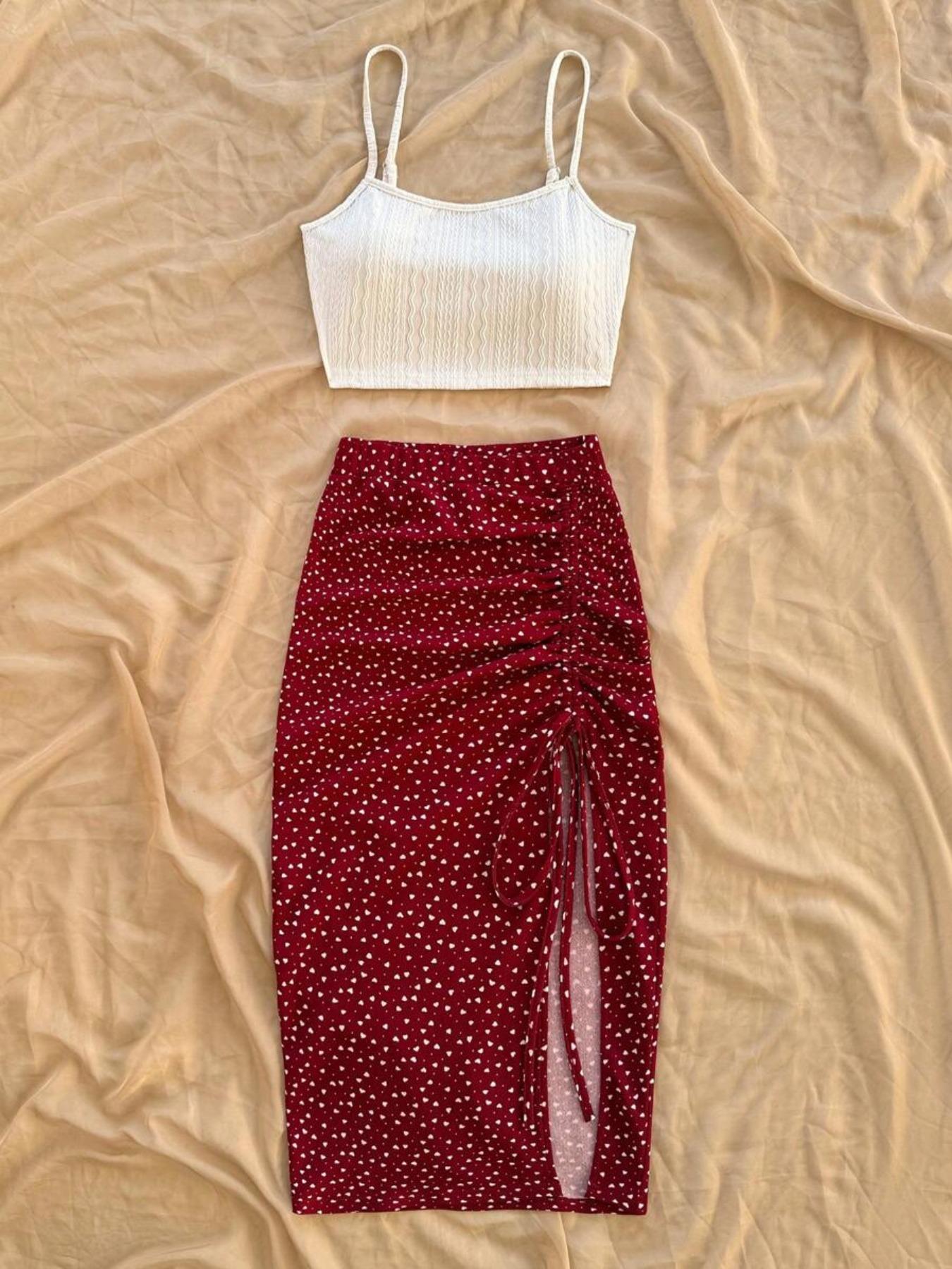 Women's Solid Color Crop Cami Top & All Over Heart Print Skirt Two-piece Set, Boho Sleeveless Spaghetti Strap Top & Skirt, Casual Summer Clothes for Ladies, Womenswear, Bohemian Casual Outfits Women Matching Sets