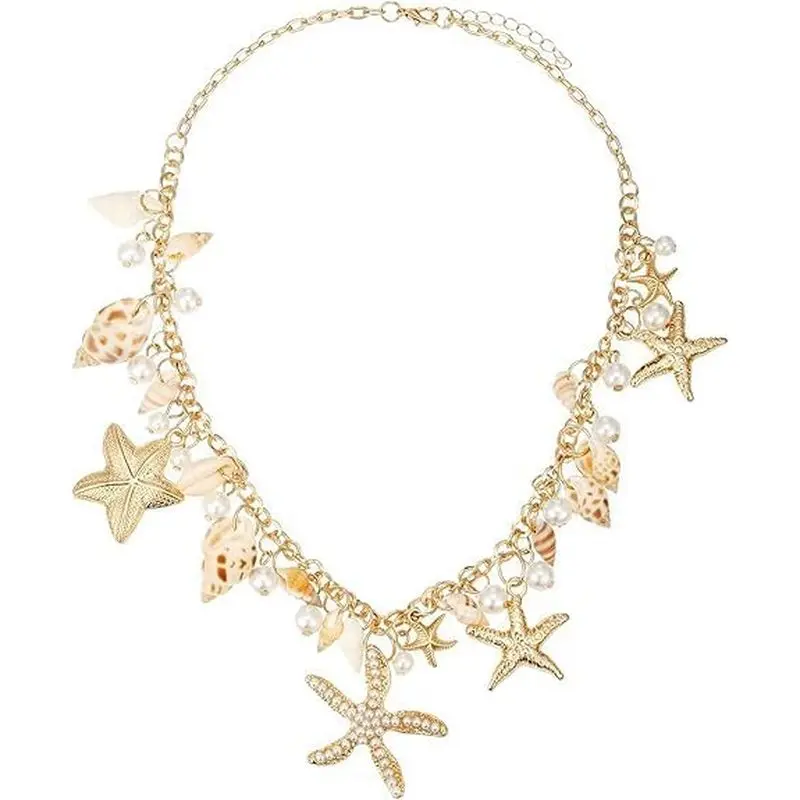 Women's Conch Shell Starfish Chunky Statement Necklace, Beachwear Costume Jewelry for Beach Mermaid Outfits