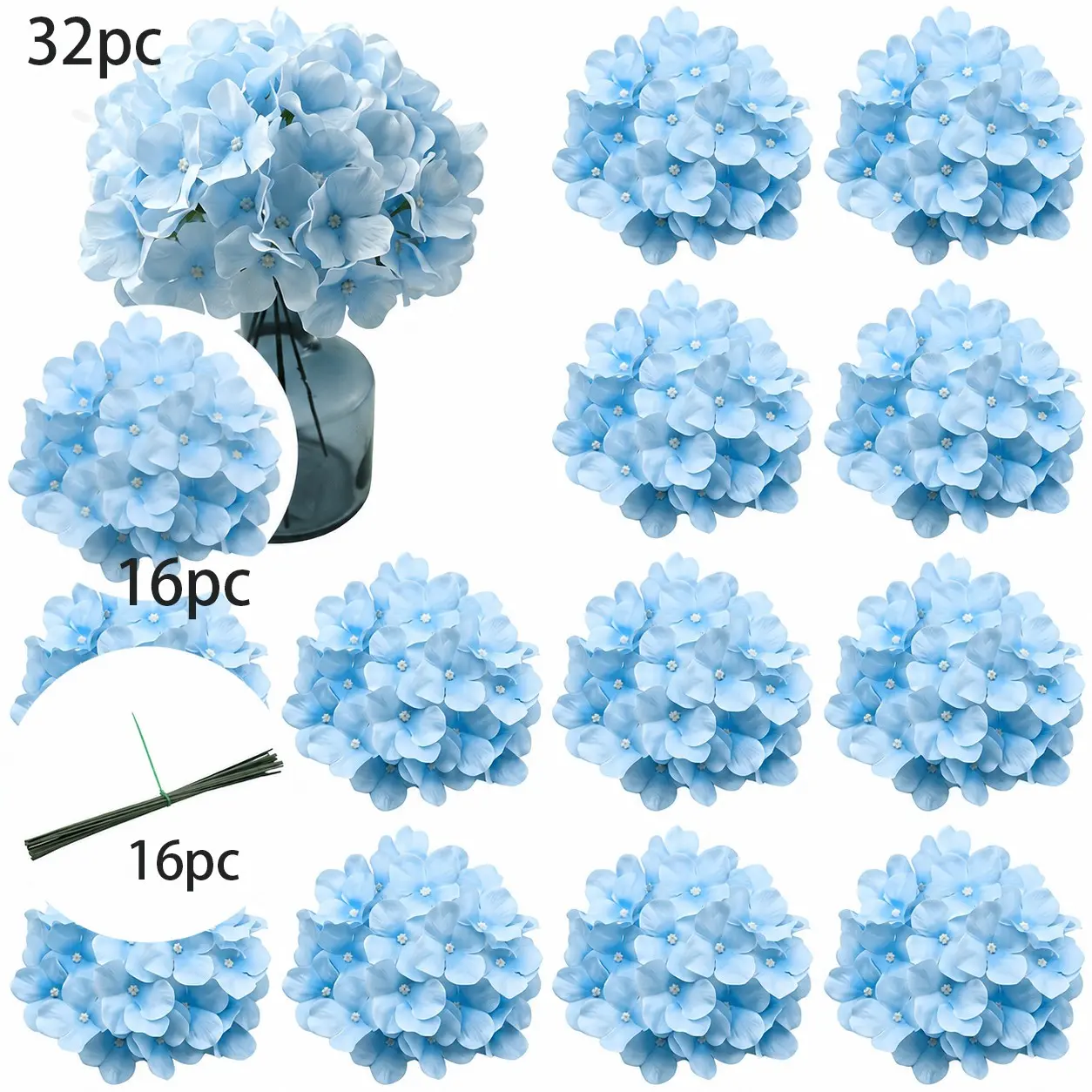 A set of 32 light blue hydrangeas featuring an elegant, fresh color palette; maintenance-free and suitable for all seasons, they are perfect for wedding decor, floral arrangements, home styling, photography props, and gifting.