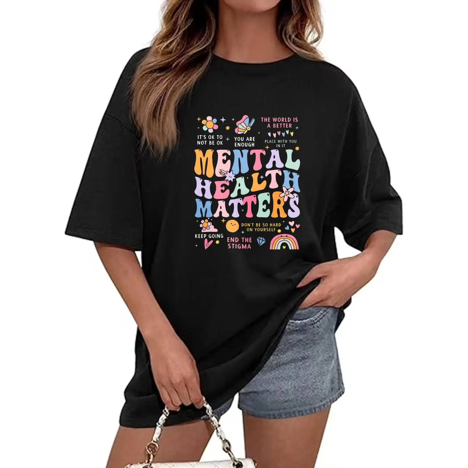 Women's Casual Comfortable Round Neck Cute T-Shirt - Colorful Clothes, Mental Health Awareness Inspirational Quotes, Playful Elements, Spring Summer Everyday Wear, Ideal Gift for Mental Wellness Supporters