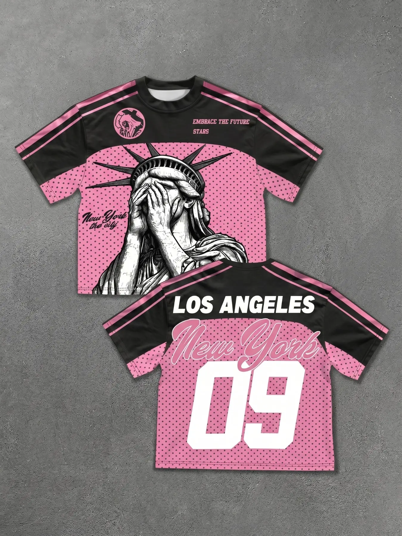 Men's Summer Crew Neck Short Sleeve Baseball Jersey, Black Pink Polka Dot Color Block Panel, Dual Side City Statue Number Combined Graphic Print, Loose Athletic Cut, Retro Sport Street Daily Casual Top