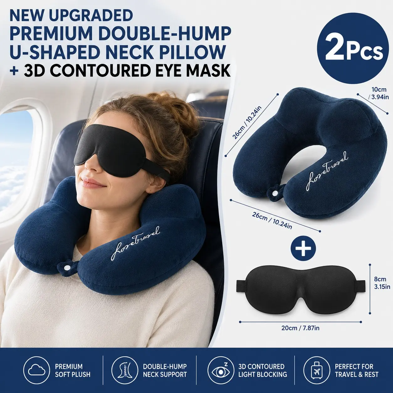 Plush Hump Travel Neck Pillow with 3D Blackout Eye Mask, Ergonomic Cervical Support, Zero Pressure, Compact Rest for Adults