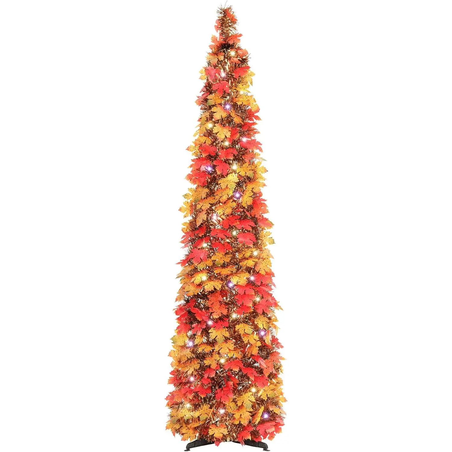 Fall Tree Home Decor, 5FT Pop Up Tree with Lights Timer 8 Modes, Collapsible Tinsel Pencil Tree for Autumn Harvest Porch Thanksgiving Party Decorations, Fall Maple Leaves
