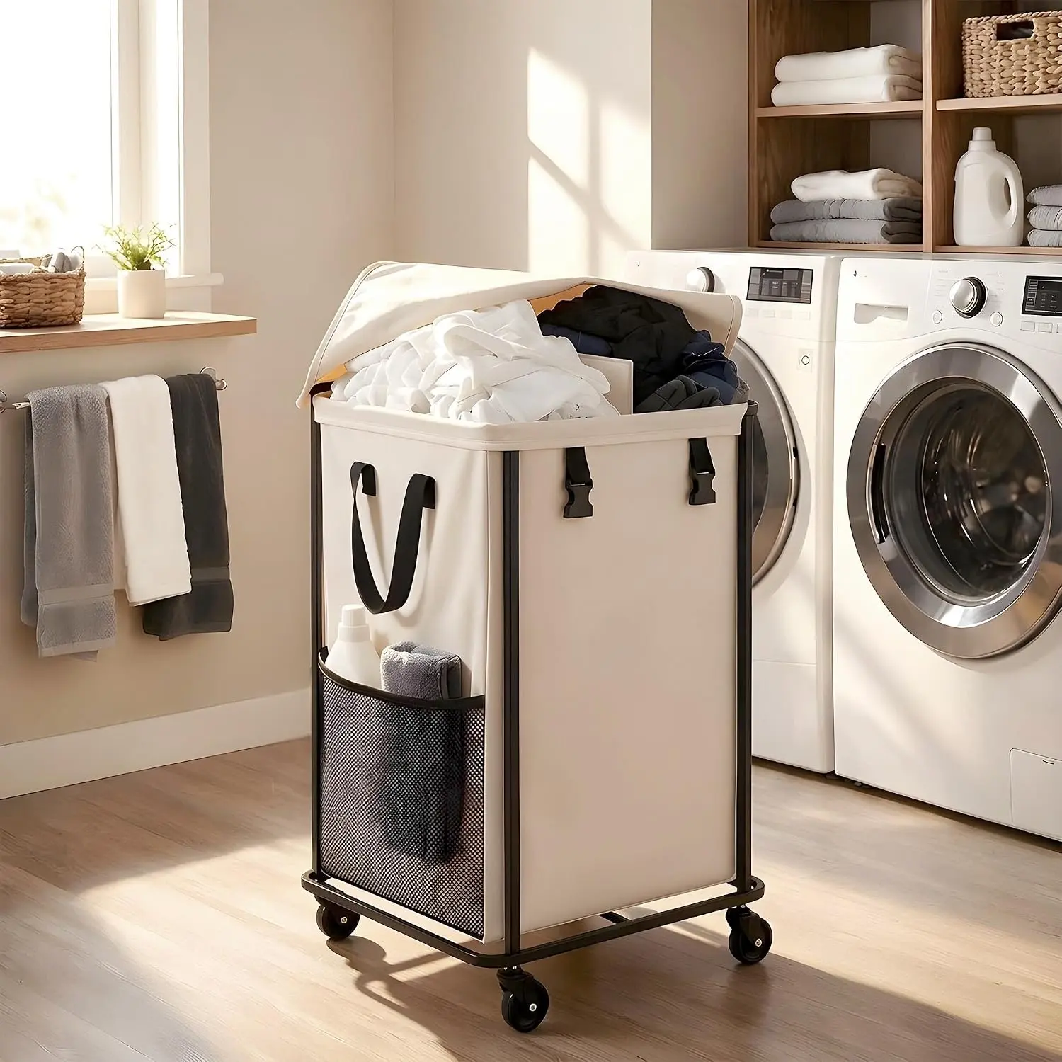 150L Laundry Basket with Wheels and Lid, Large Rolling Laundry Hamper with Removable Divider, Double Compartment Clothes Hamper, Metal Frame, White