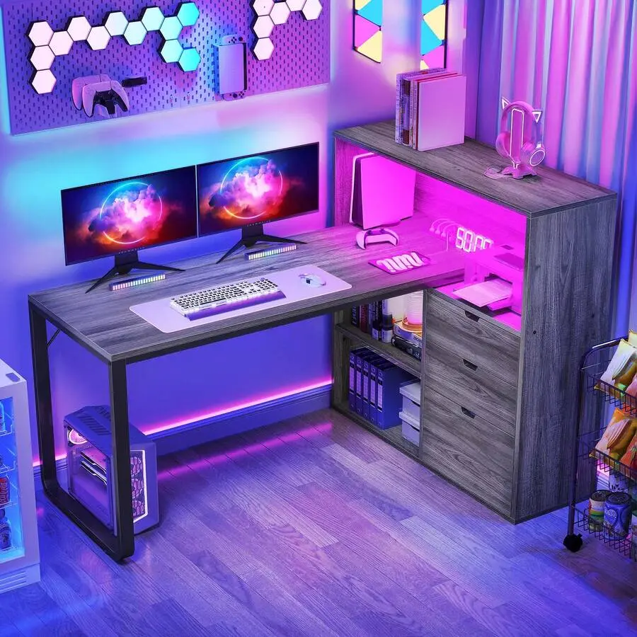 Grey 55" Corner Computer L Shaped Desk With File Cabinet & LED Lights, Gaming Dessk With Power Outlets, Home Office Desk For Office, Study Room