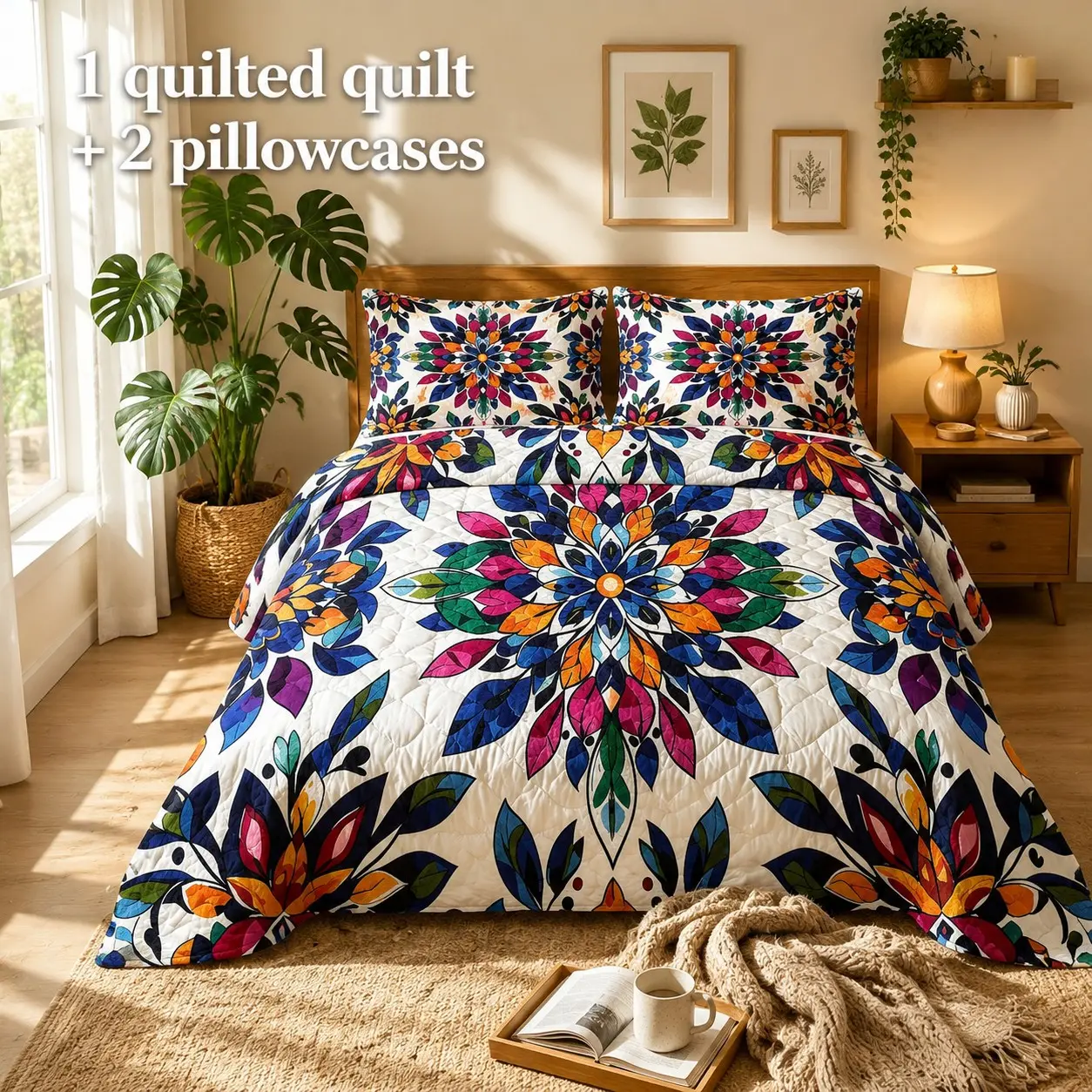 3pcs ethnic style colorful mandala themed quilted bedding set, contrasting large petal art patterns, quilted quilt 1+pillowcase 2, bedroom, guest room, dormitory decoration bedding set