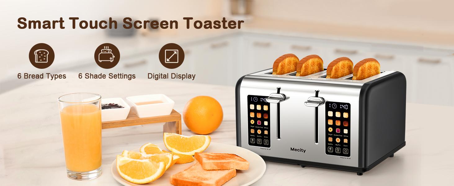 4 Slice Toaster with Touch Screen Control, 4 Wide Slots, Stainless Steel Smart Bread Toaster for Bagels, Muffins, Waffles, Dual Control Panel, Timer, Defrost, Reheat, 120V 1650W, Matt Black