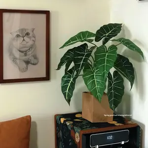 2 Pcs Artificial Plants Elephant Ear Leaves, Simple Decor for Living Room Balcony Entryway Office Desk, Indoor Pottery Desktop Ornament