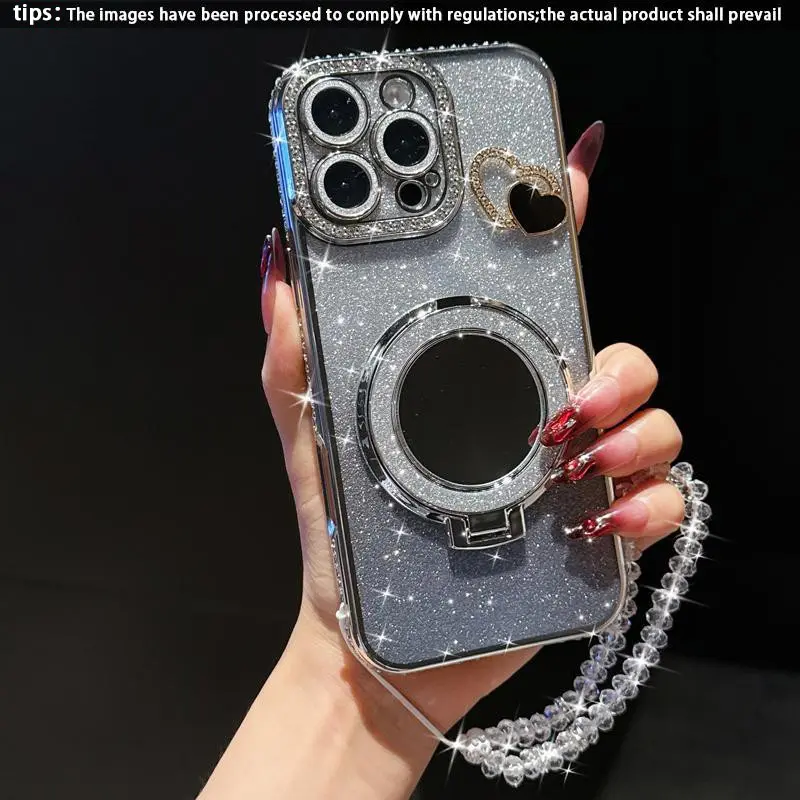 Sparkling Mirror Stand with Bracelet Anti-Drop Shockproof Protector Phone Case for iPhone 17 Pro Max 16 15 14 13 12 11, Stylish Protective Cover Shockproof Smartphone Cover