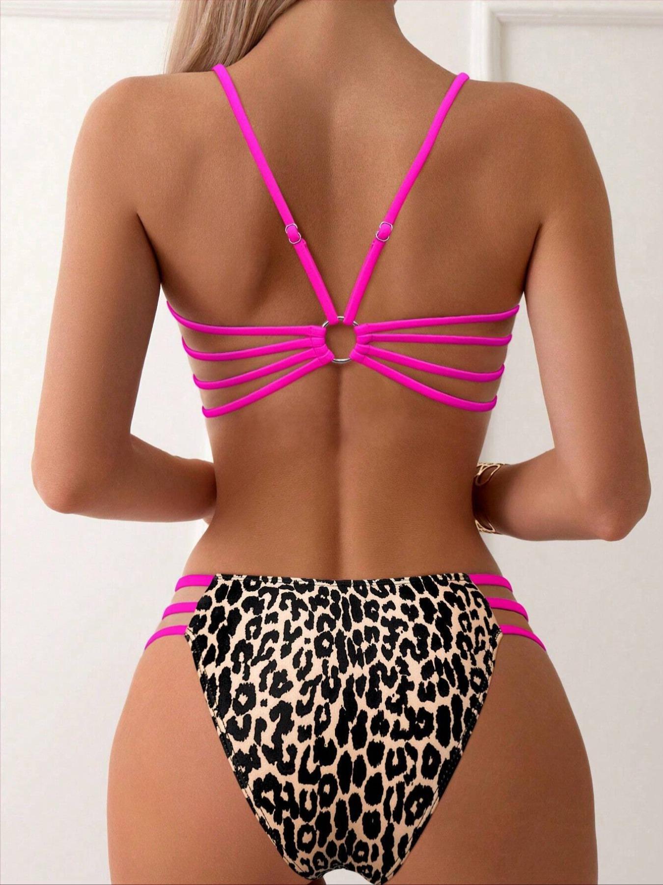 Women's Leopard Print Bikini Set, Casual Fashion Chic Swimsuit Set for Beach Holiday Vacation, Ladies Swimwear for All Seasons, Swimsuit Style Bikini