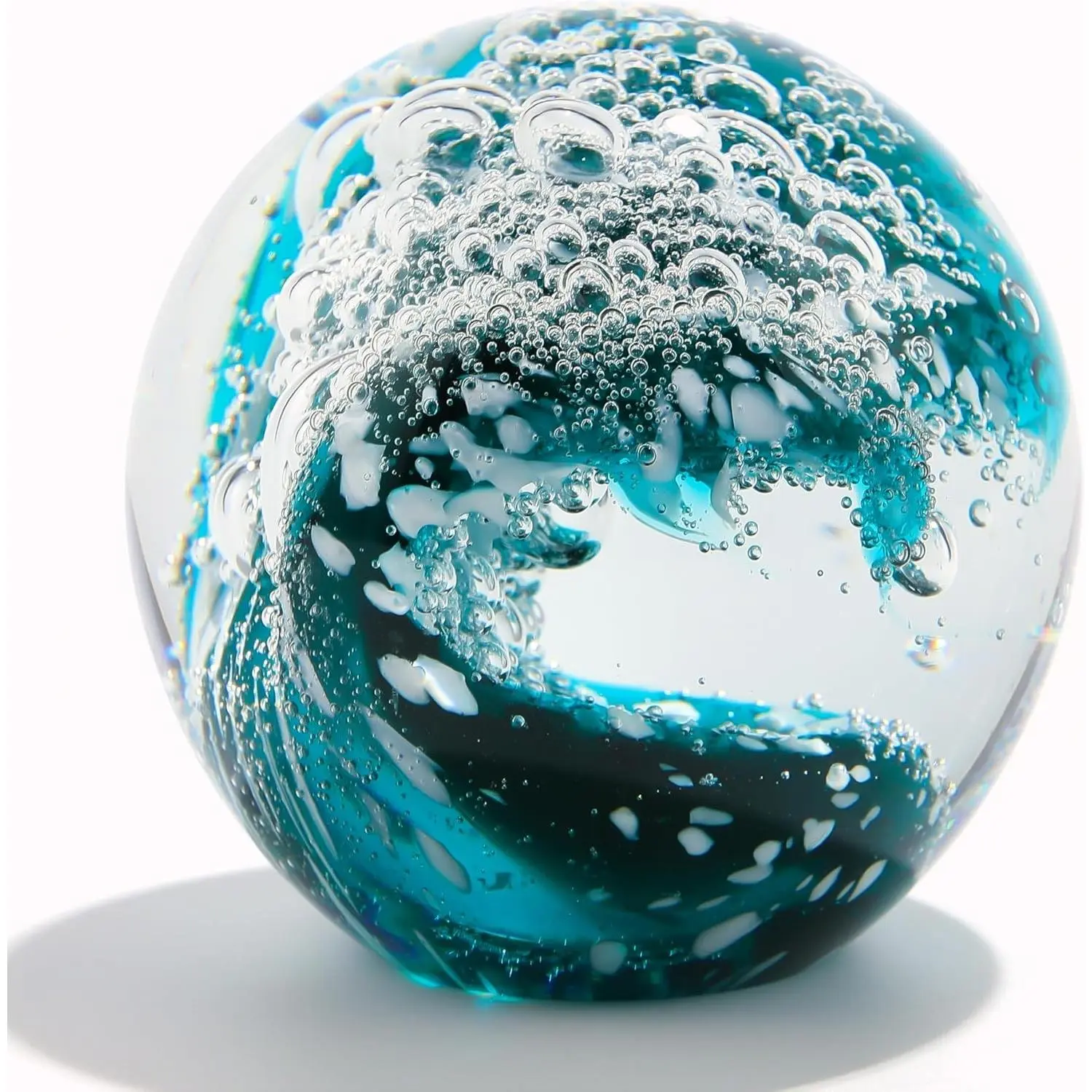 Hand Blown Ocean Waves Crystal Ball - Glass Collectible Figurines Spere - Paperweight Glass Ball Aquarium Decor Office Decor Ocean Lovers