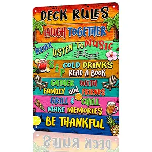 8×12 Inch Tropical Colorful Aluminum Metal Sign, Deck Rules Fun Summer Backyard Patio Wall Decor, Vibrant Tiki Poolside Plaque For Deck Fence Outdoor Lounge, Perfect Housewarming Summer Gift For Backyard BBQ Lovers