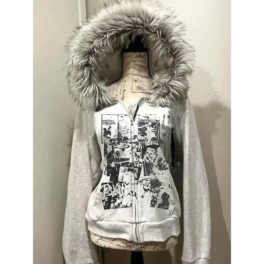 Faux Fur American Vintage Coats with Hooded Women's Y2K Sweatshirts Gothic Harajuku Subculture Punk Emo Sweatshirts and Jacket