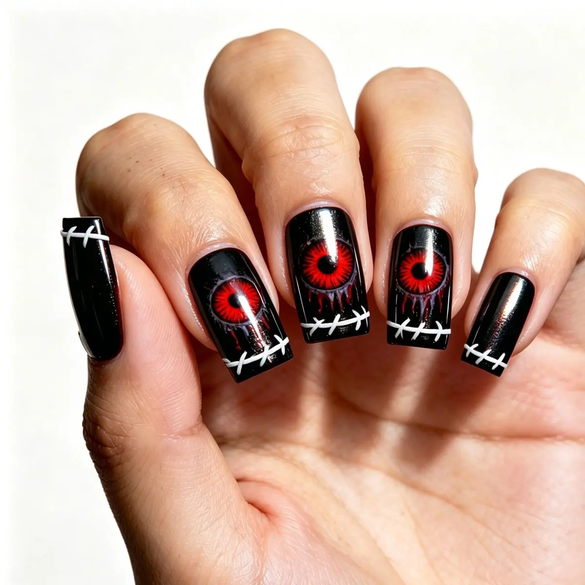 24 Pcs Medium Rectangle Fake Nails, Press On Nail, Glossy Base, Blood Eye & Stitch Pattern, Gothic Horror Halloween Nails, All Seasons, Nail Art Products