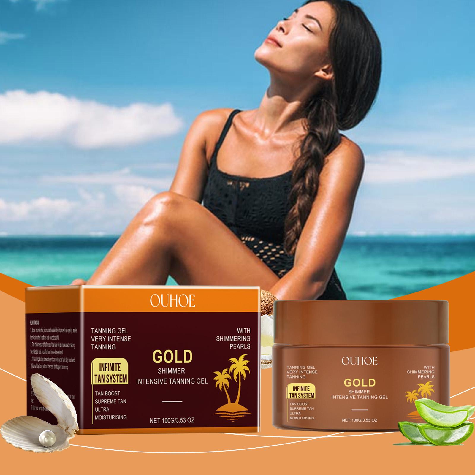 OUHOE Gold Shimmer Tanning Gel, Sunflower & Calendula Herbal Protection, 10-Min Quick Dry, Reduces Sun Damage, Lasting Gold Luster for Radiant Skin, All Skin Types Intensive Hydrating sunscreen self dark tanglow bronzing agent balm