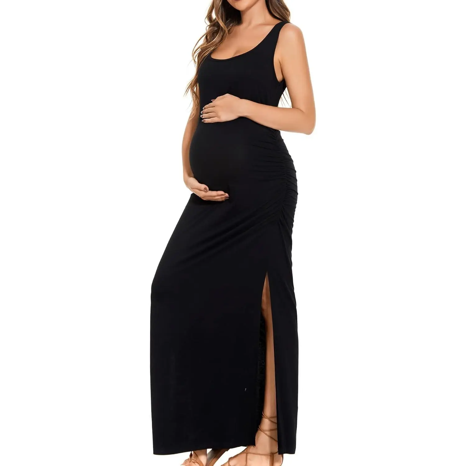 Women's Maternity Solid Bodycon Long Tank Dress with Ruched Side Slit for Baby Shower, Tanks, Split, Sleeveless, Plain, Affordable Fashion, Pregnancy Maternity Clothing & Accessories
