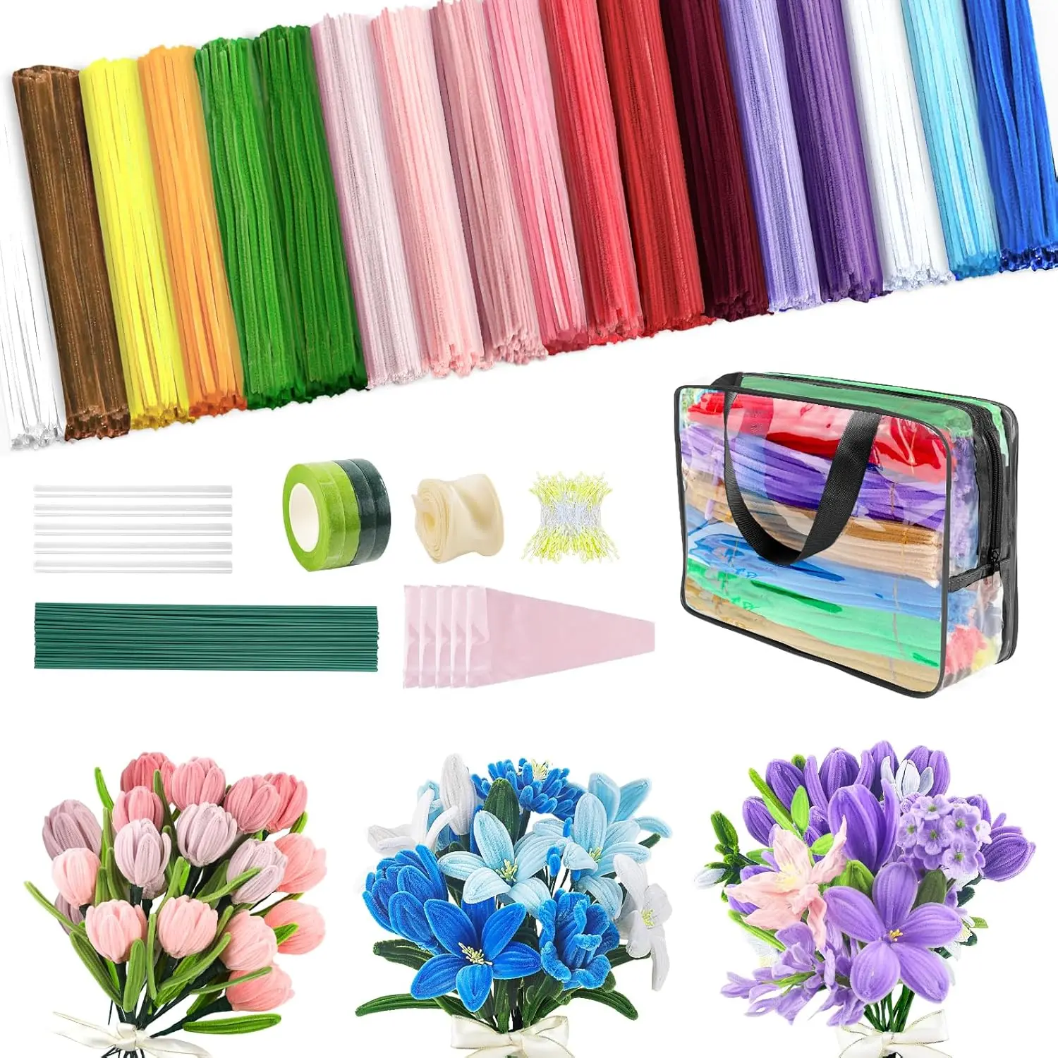 1000 count Pipe Cleaners Craft, Pipe Cleaners  Kit with Handle, 18 Colors Chenille Stems with Instruction, DIY Pipe Cleaner for  Arts and Crafts Decorations Supplies