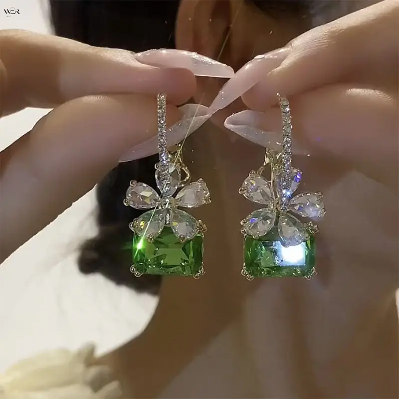 Emerald Green Square Cubic Zirconia Dangle Earrings, Marquise Crystal Floral Drop Hook Earrings, Two-Tone Gold Silver Shiny Luxury Statement Wedding Party Ear Jewelry for Women