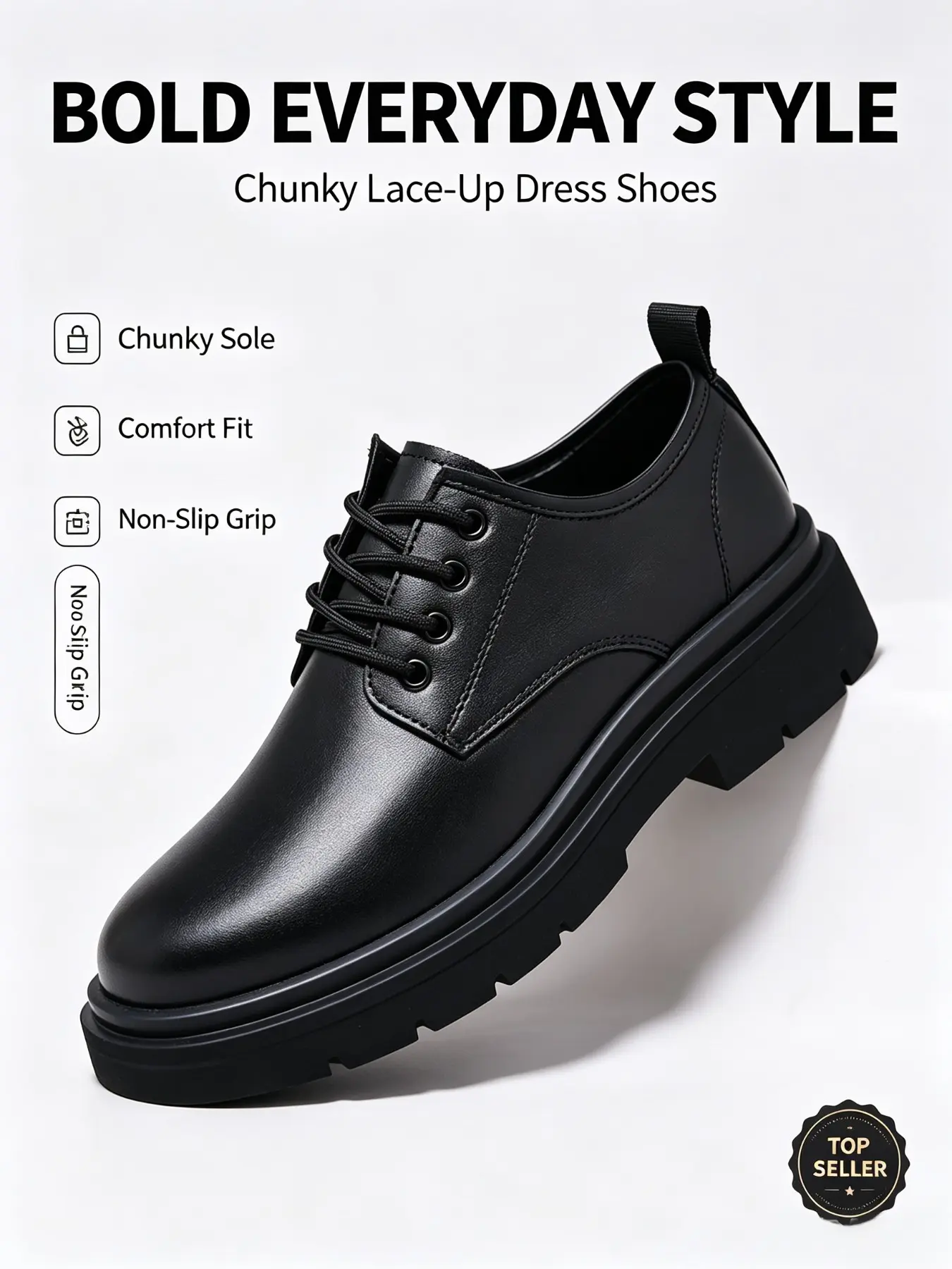Men's Thick Sole Lace-Up Derby Work Shoes, British Style Round Toe, Anti-Slip Durable Soft Bottom, Breathable Casual Office Shoes