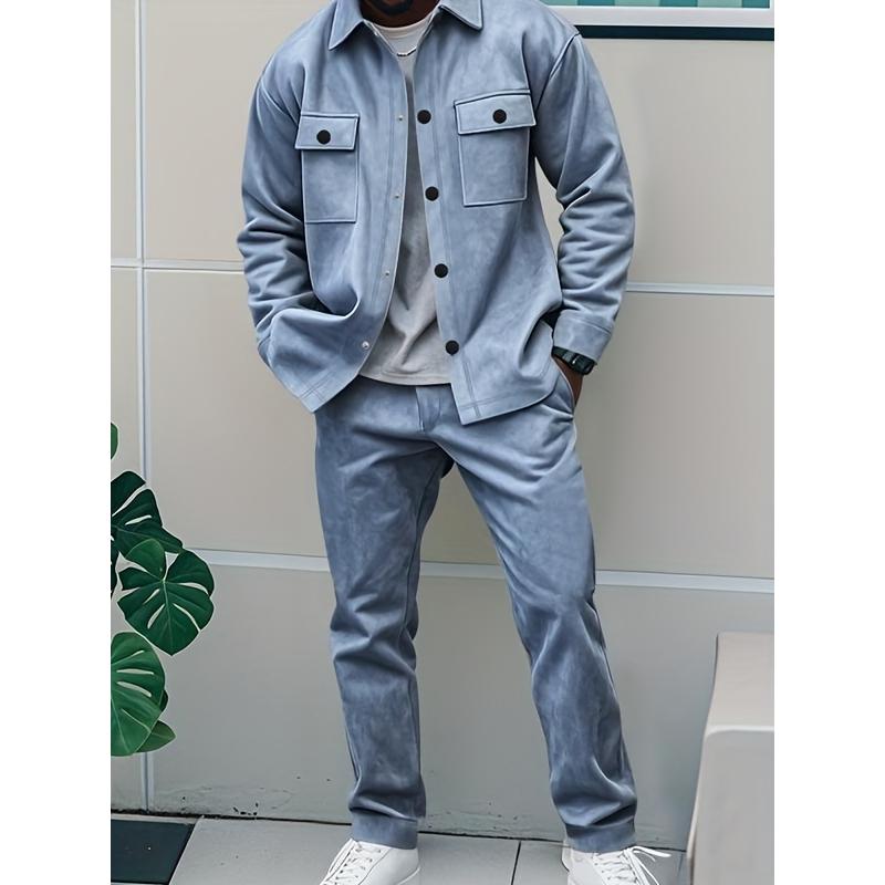 2pcs Men'S Casual Solid Color Sweatsuit Set, Polyester Knit Fabric with Slight Stretch, Regular Fit, with Lapel Collar, Button Details, for Spring/Fall - Fashionable American Style Workwear Jacket and Pants Combo