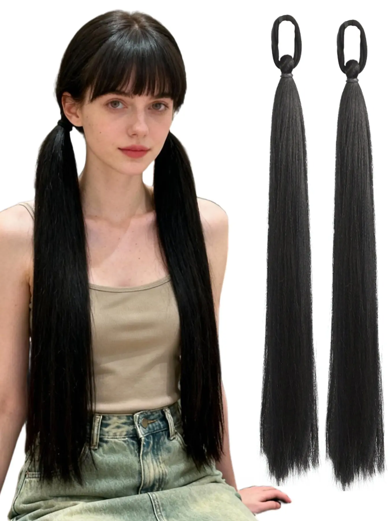 2-Pack Long Straight Hair Extensions, Elastic Band Ponytail, Heat-Resistant Fiber, 26-Inch DIY Braids, Natural Color Soft Hair Bundles