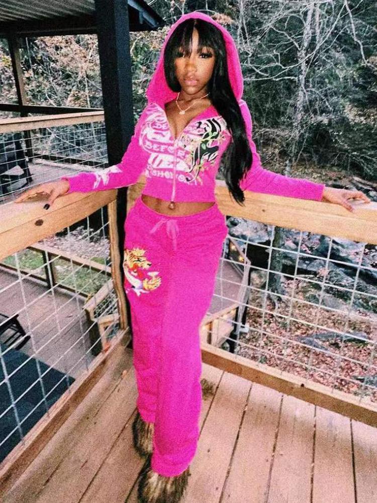 2 Piece Sets Womens Clothing Letter Print Sweatsuit  Zipper  and Sweat Pants Suits Tracksuit Set Womenswear Comfort Fitted Hot Pink Hoodie
