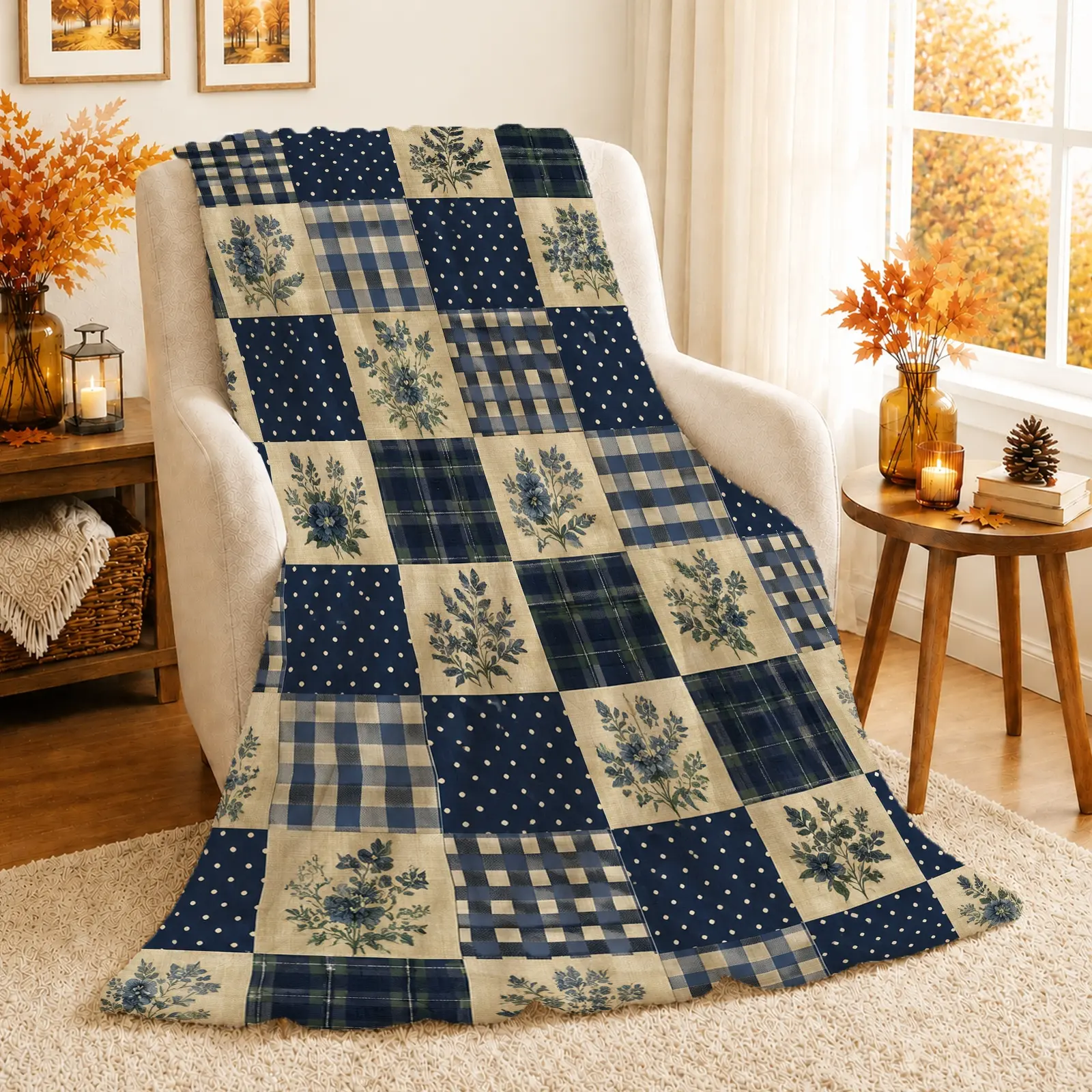 1pc Floral Plaid Patchwork Blanket, Rustic Farmhouse Style, Charming Navy Blue Floral Prints with Polka Dots and Checkered Patterns, for Sofa Couch Living Room and Cozy Home Decor