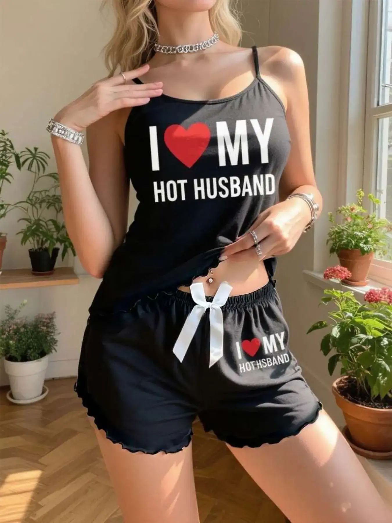 "I Love My Hot Husband" Cami & Shorts Pajama Set, Cute Loungewear for Women, Nightwear Pjs, Womenswear, Lingerie