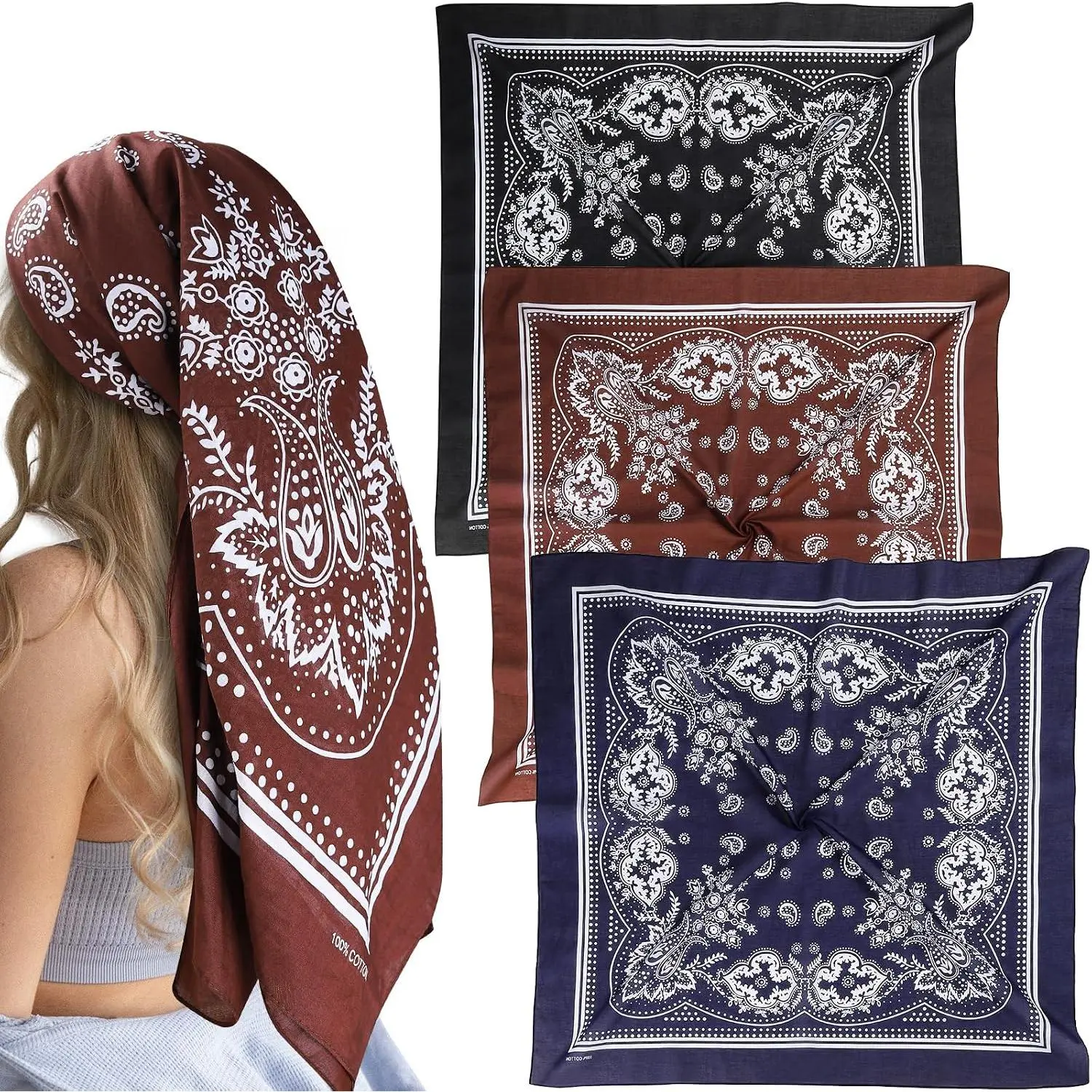 35" x 35" Large  Scarf for Women‘s Hair, 3 count Versatile Square Hair Scarves Huge Bandanas, Shawl Wraps for Women