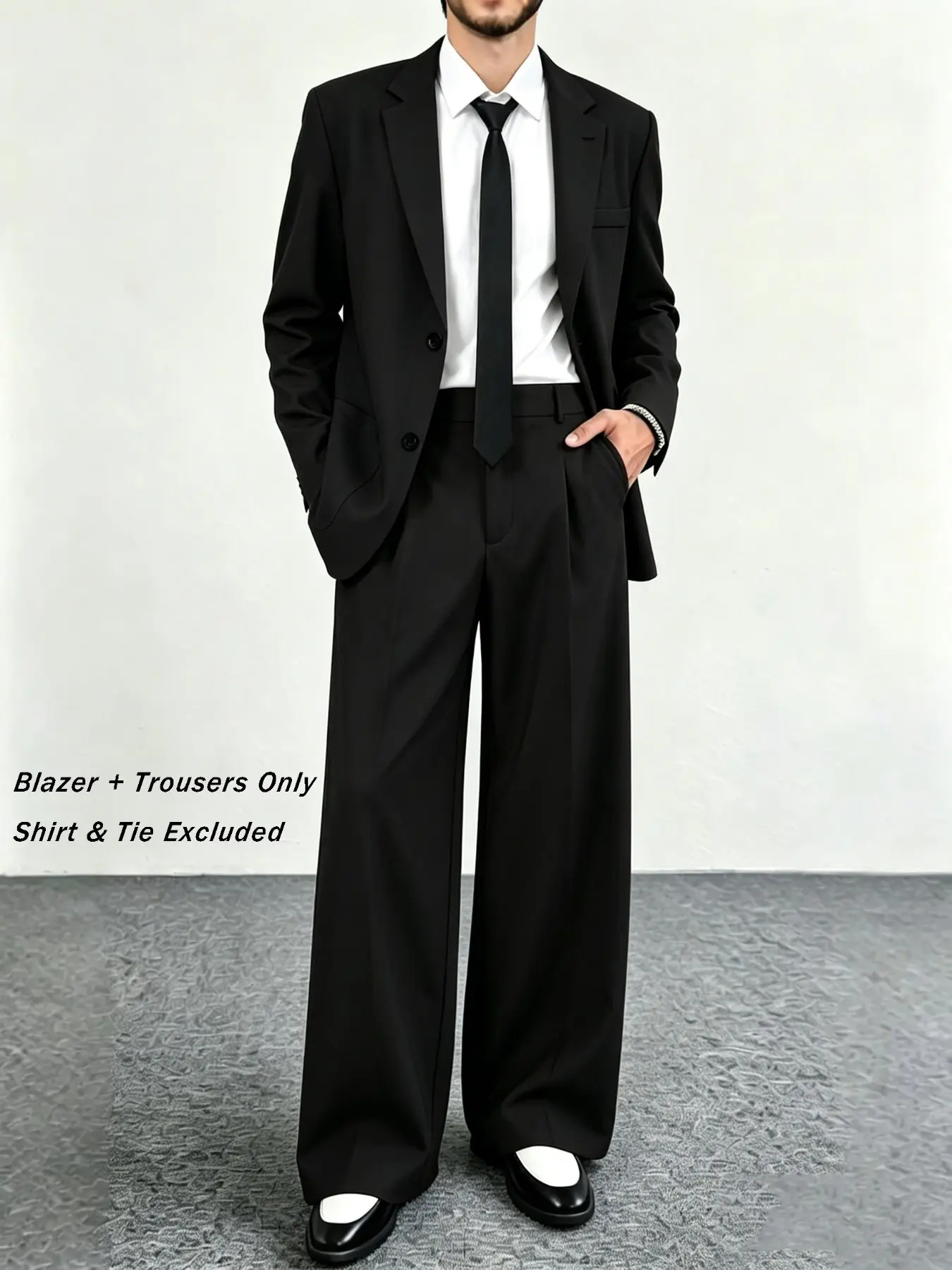 Men's Loose Fit Blazer Set, Wide Leg Pants, Casual Single Button Jacket, All Seasons, Plain Surface, China Made