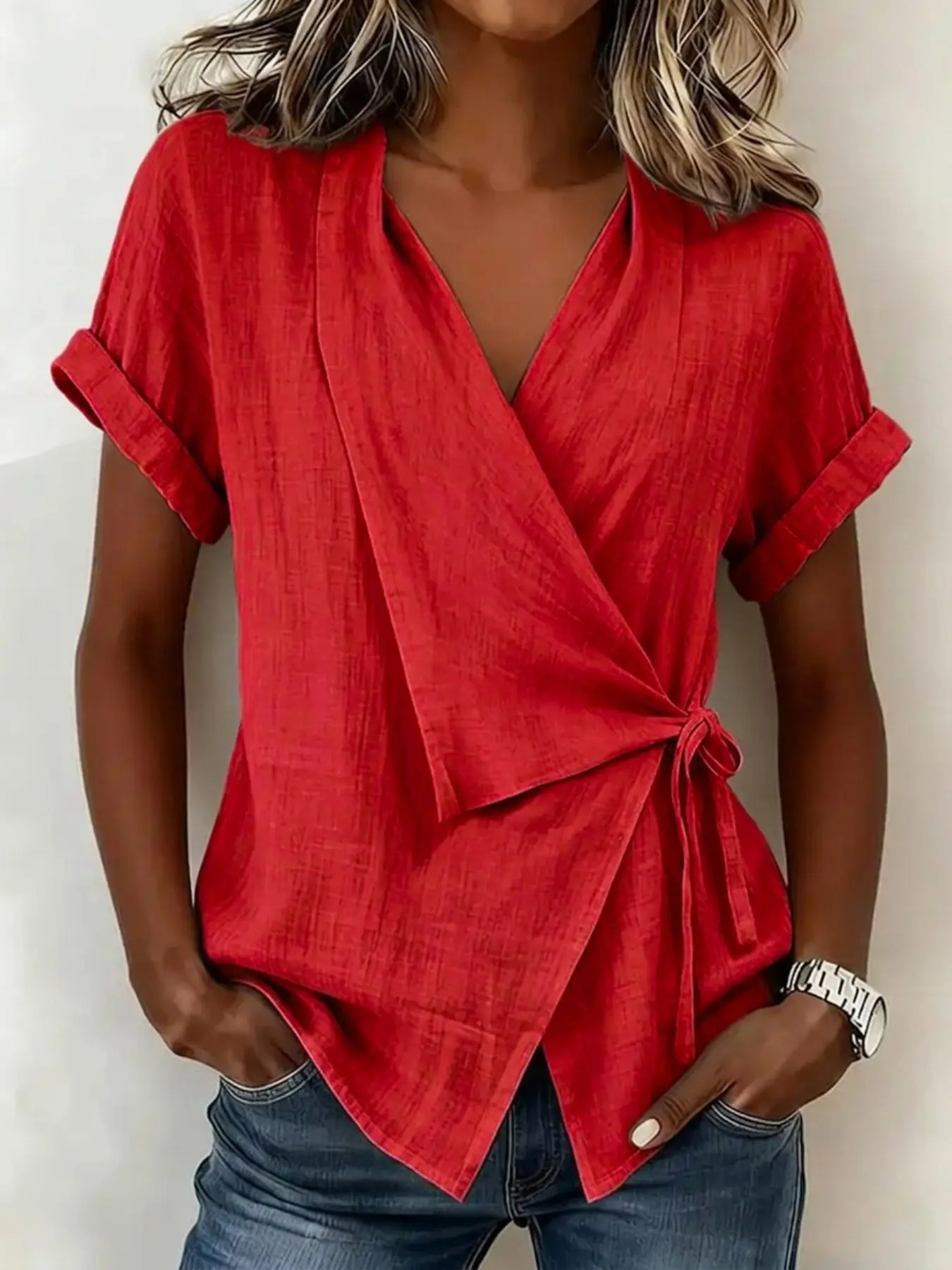Women's Casual Short Sleeve Top Blouse, Tie Front Design, Fitted H-Type Silhouette, Medium Length, Breathable Summer Essential, Beachy Shirt