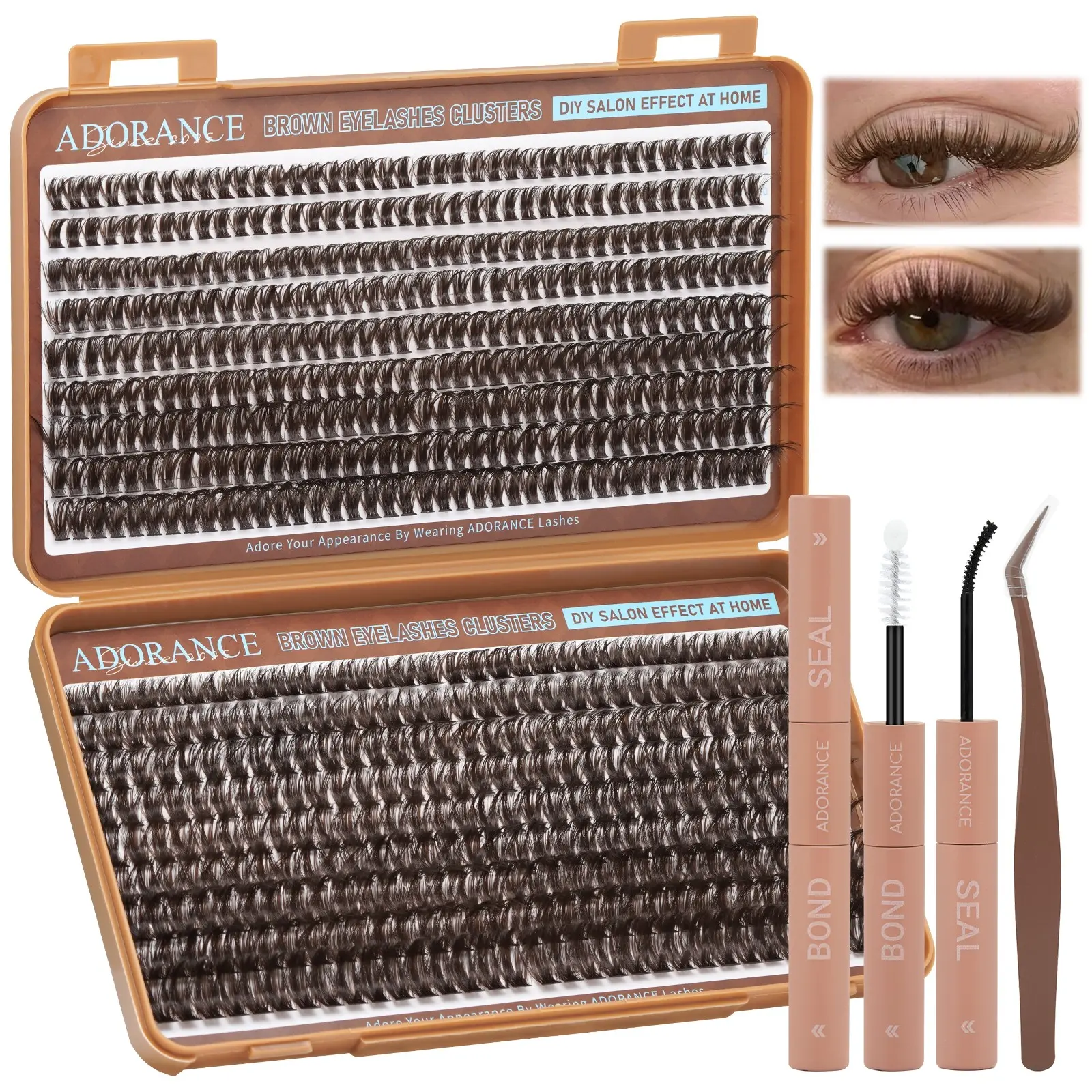 ADORANCE Brown Lash Clusters Kit 648PCS, D Curl Eyelash Extensions 10-18mm Mixed Length, 60D & 100D Wispy Fluffy Individual Lashes with Bond & Seal, Lash Applicator, Lightweight Soft Band DIY Lash Extension Kit, Lash Clusters Set