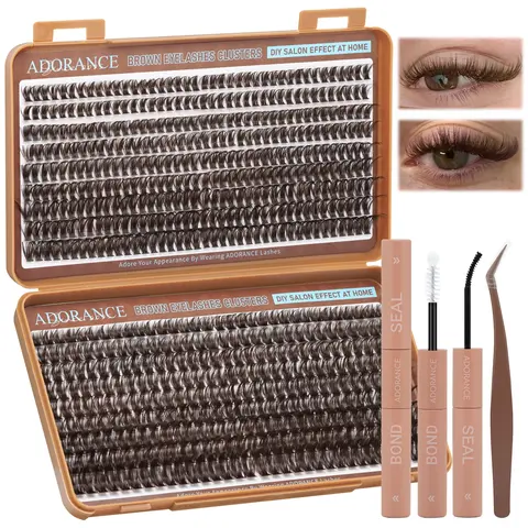ADORANCE Brown Lash Cluster Kit, DIY False Eyelashes, 648 Pcs D Curl Eyelash Extensions, 10–18 mm Mixed Lengths, 60D & 100D Wispy Fluffy Individual Lashes with Bond and Seal, Applicator Included for DIY Use