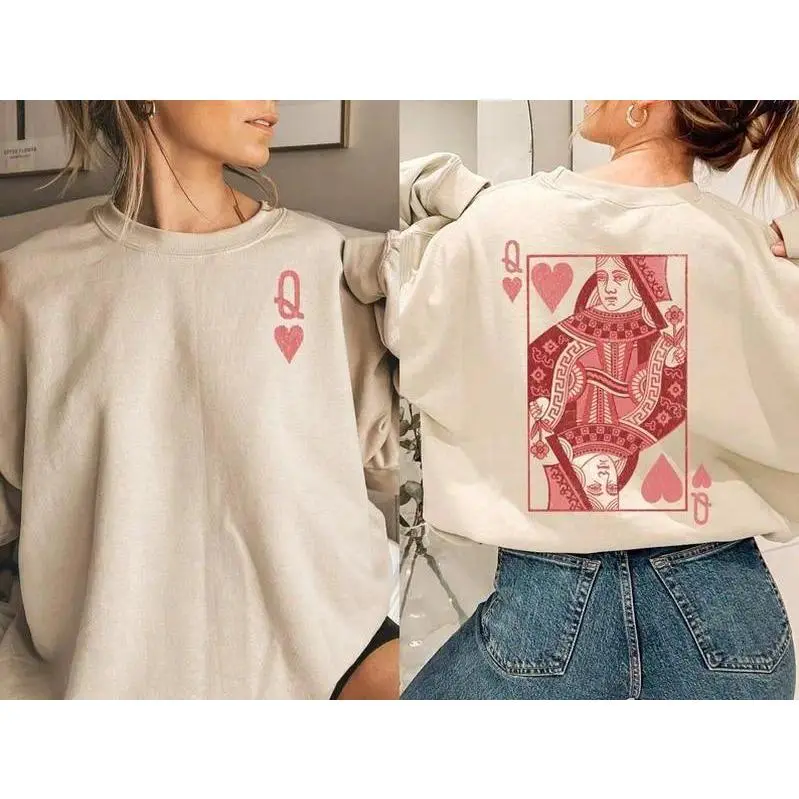 Women's Queen of Hearts Graphic Hoodie - Vintage Pink Playing Card Print Long Sleeve Pullover, School/Teacher Birthday Outfit with Matching Leggings, Valentine's Day Casual Top