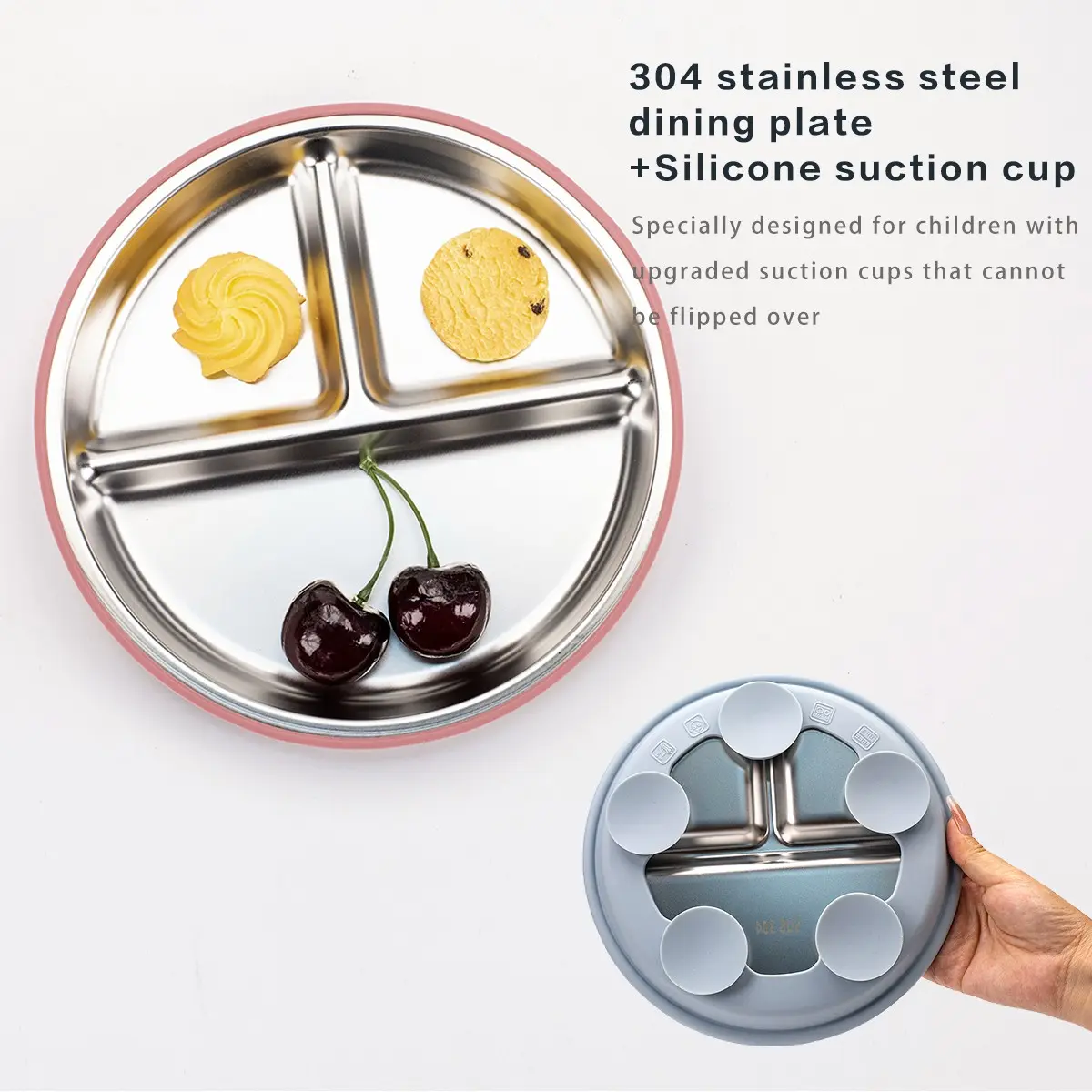New Kids Stainless Steel Silicone Plate, Baby Meal Separator, 304 Stainless Steel Cutlery Silicone Plate with Suction Cup, Unisex