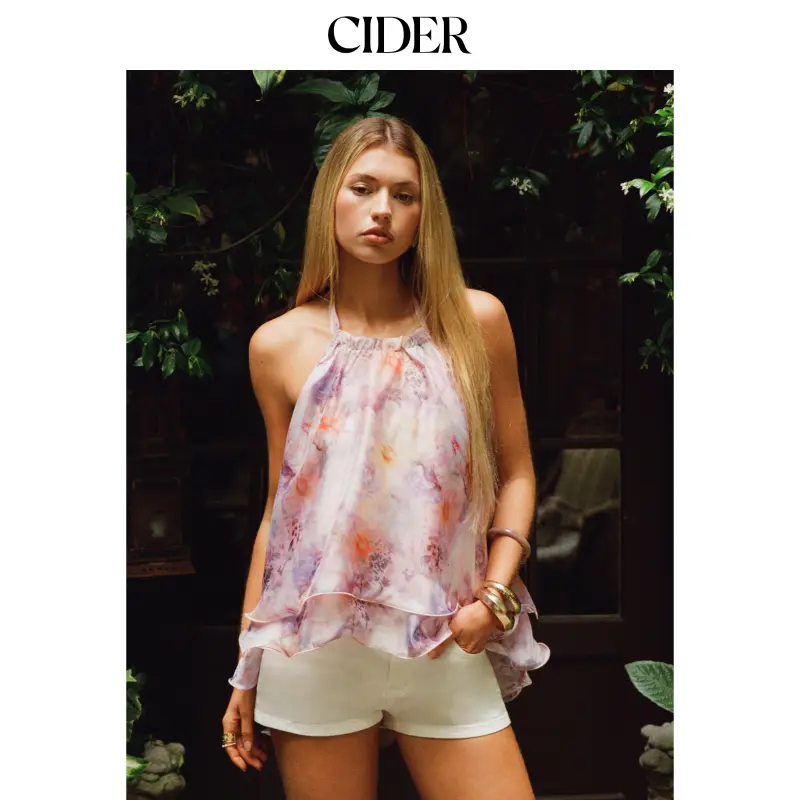 Cider Chiffon Floral Stand Collar Sleeveless Backless Ruffle Hem Blouse SummerWins SummerFinds