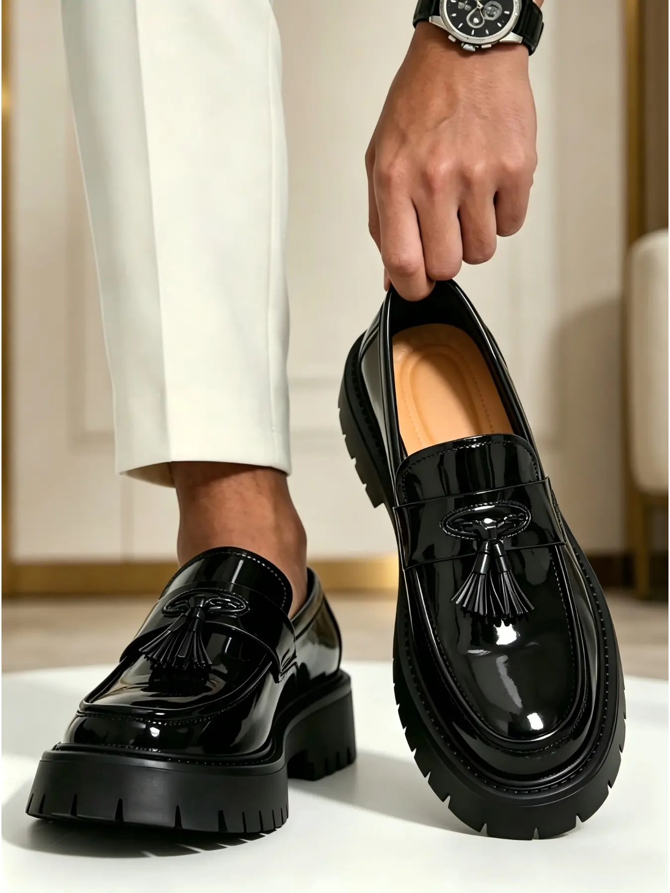 Men's Black Patent Leather Tassel Design Loafers, Croc Embossed Platform Chunky Slip On Dress Shoes, Height Increasing Non-Slip Lug Sole Vintage British Casual Shoes for Business College Daily Wear