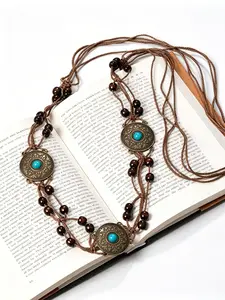 Vintage Turquoise Metal Plaque Braided Belt, Boho Fringe Waist Chain, Cowgirl & Country Concert Style, Fashion Accessory