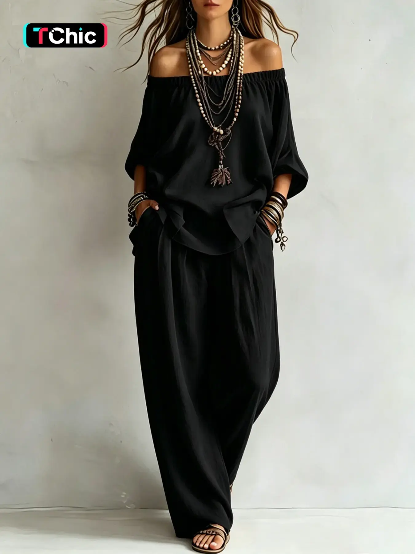 Women's Elegant and Stylish Two-Piece Set, Off-Shoulder Top and Long Pants, Perfect for Casual Wear, Comfortable and Chic Clothes