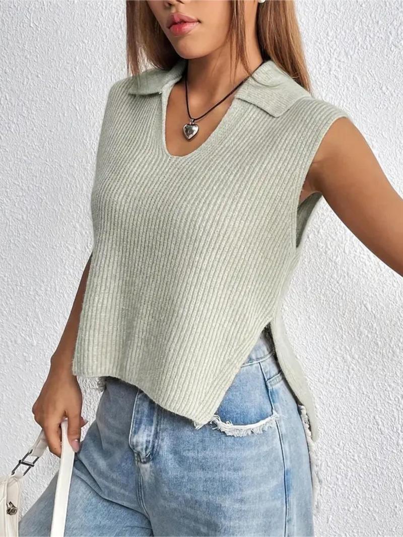 Women's Plain Split Hem Sweater Vest, Casual Fitted Solid Collar Sleeveless Knitwear Top for Summer, Fashion Ladies' Collared Knit Clothing for Everyday Wear, Minimalist Basic Womenswear, Sleeveless Vests