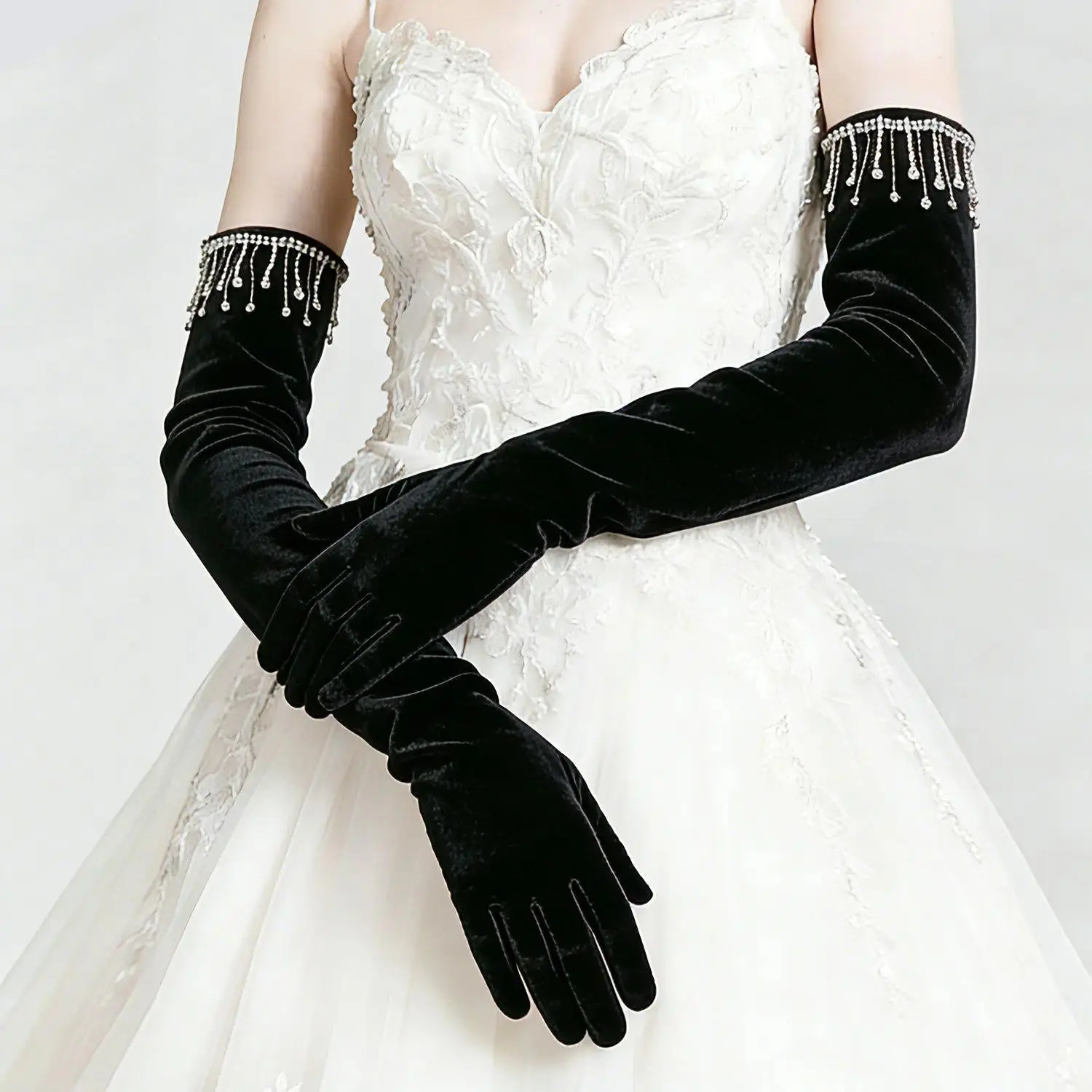 Women's Gothic Punk Long Warm Knitted Polyester Velvet Arm Warmers with Rhinestones - Worn for Party, Wedding Occasions, Ladies