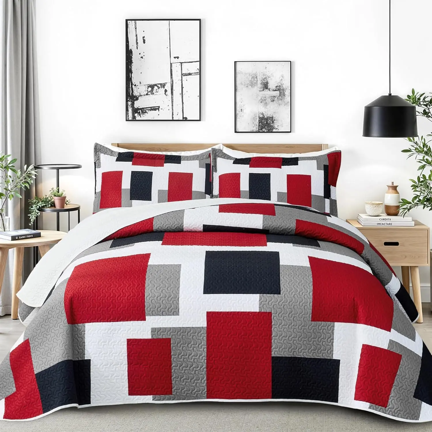 3 Piece Red Black Grey Set Full/Queen Size Red and White Geometric Reversible Bedding Set Microfiber Lightweight Bedspread Coverlet with 2 Shams Bed Cover for All Season, 90''x96''