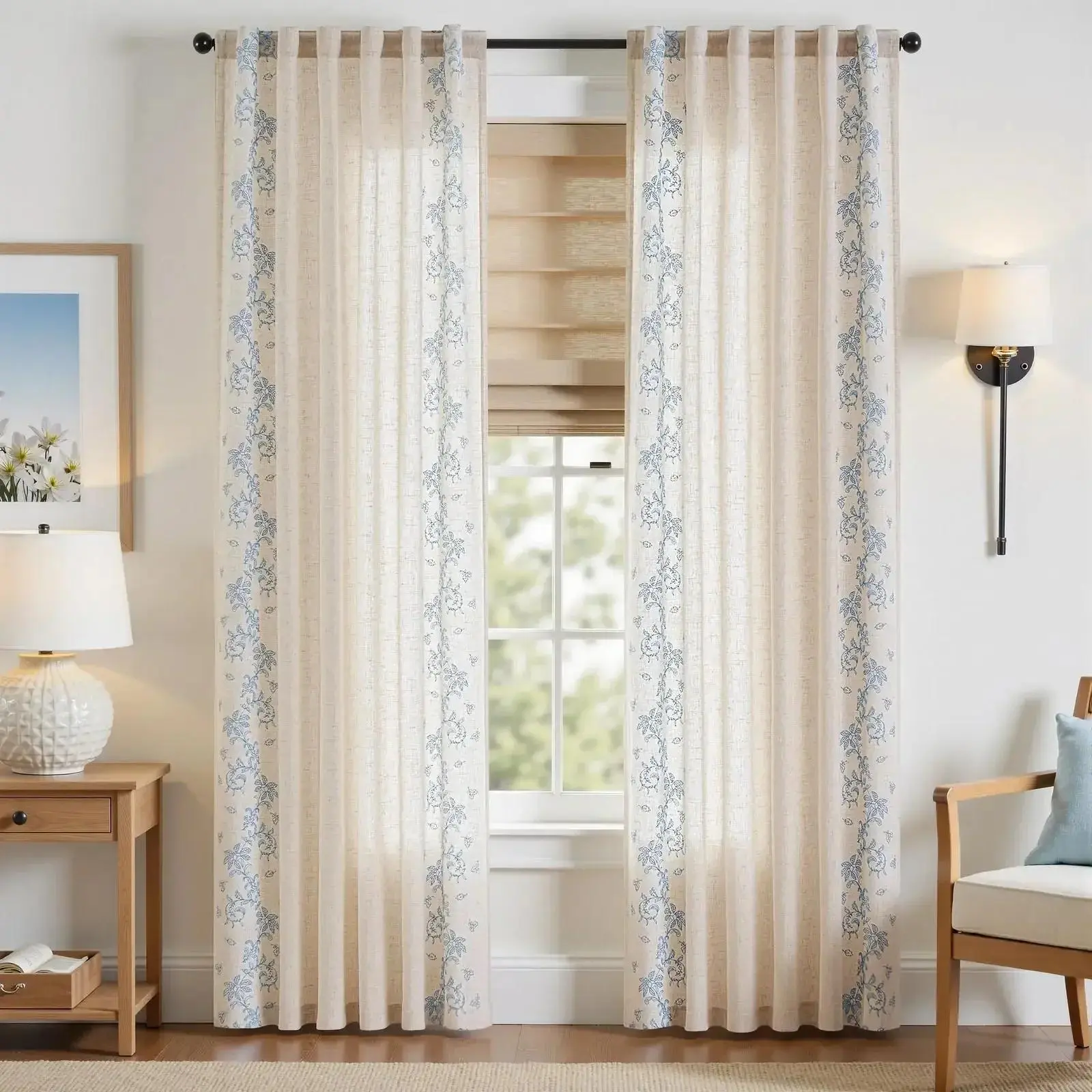 Embroidered Vine Linen Blend Layered Curtains, Vintage Cottagecore Blue Linen Curtains for Home Window Decor, Vintage Curtains