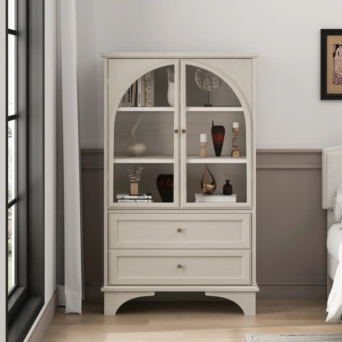  [Bellemave] 52.17"Glass Door Display Case Storage Cabinet with 2 Drawers and Adjustable Shelf, Curio Cabinet for Living Room, Bedroom, Kitchen and Office