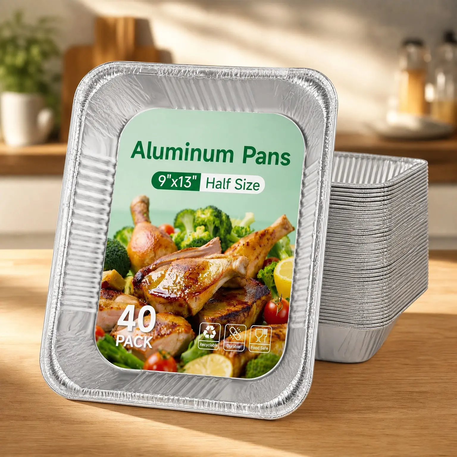 9x13 Inch Disposable Aluminum Foil Pans (40 Pack) – Half-Size Deep Steam Table Trays, Oven-Safe Baking Pans for Cooking, Heating, Storing & Prepping Food
