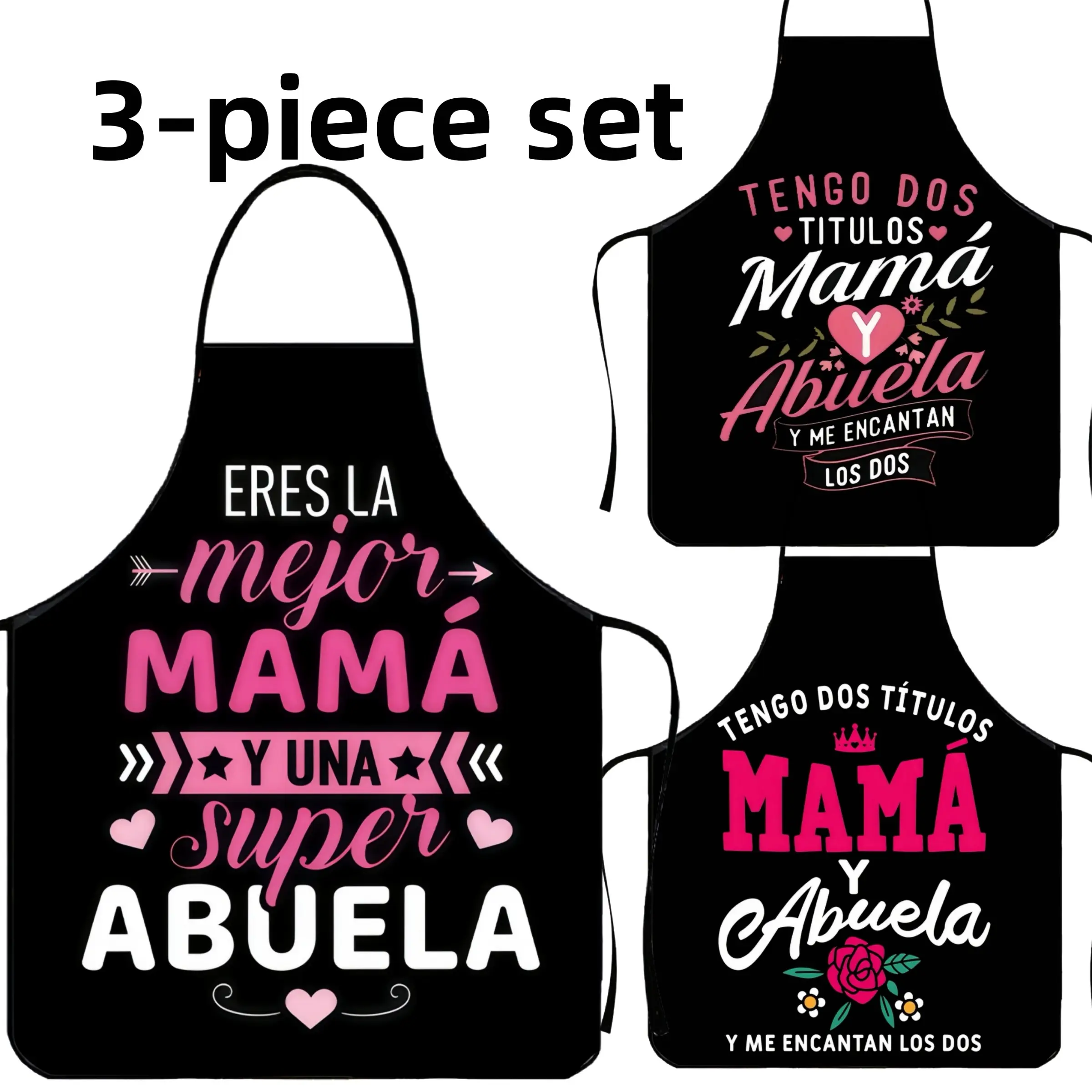 3-Piece Set Mama and Grandma Print Polyester Apron,Unisex Spanish Word Cooking Apron,Apron for Women,Christmas Gift, Nails Design Tool,Kitchen&Cleaning Essential,Garden Tool,﻿Cleaning Tool