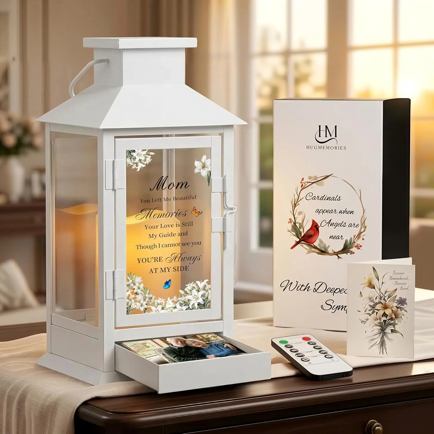 Elegant White Luminous Memorial Glass Lantern with Drawer for Keepsakes - Light, Switch, Daily Decor, Sympathy Condolence Gift for Loss of Mother (Batteries Included), Memorial Theme