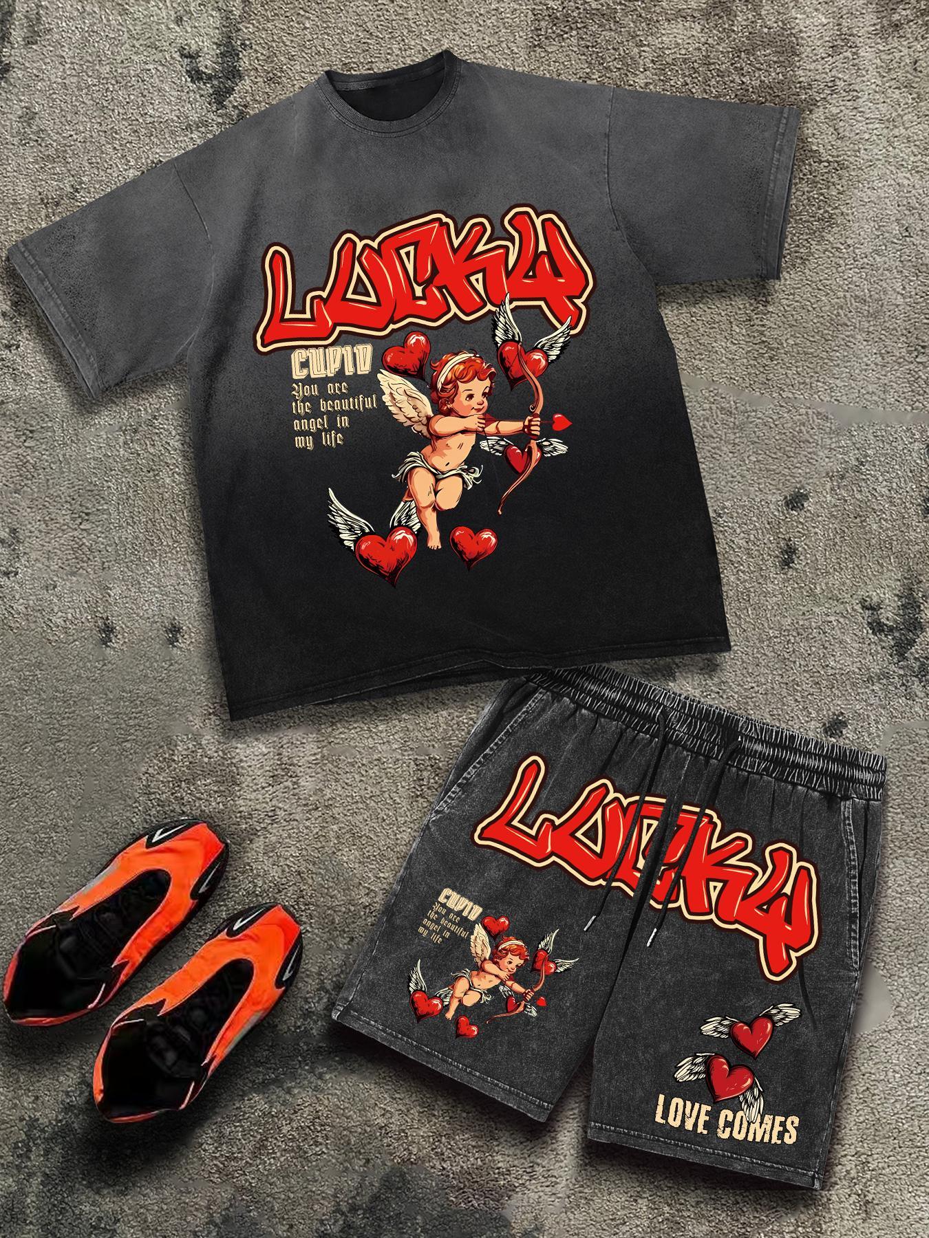 Men's Letter & Graphic Print Short Sleeve Tee & Shorts Two-piece Set, Round Neck T-shirt & Track Shorts, Casual Fashion Cozy Breathable Men Two-piece Outfits for All Seasons, Sets for Men Clothing, Cotton, Menswear, Outfit Suit Set, Matching Lounge Sets